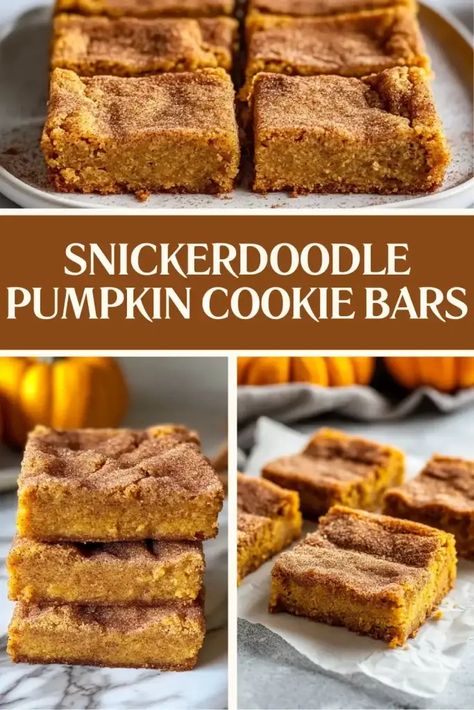 These Snickerdoodle Pumpkin Cookie Bars are a must-try for fall! Soft, chewy, and full of warm cinnamon and pumpkin flavor, they're easy to make and even easier to enjoy. Perfect for dessert, snack, or sharing at gatherings! #PumpkinRecipes #FallBaking #CookieBars #Snickerdoodle Snickerdoodle Cookie Bars, Snickerdoodle Cake, Snickerdoodle Bars, Picky Palate, Snickerdoodle Cookie, Snickerdoodle Recipe, Pumpkin Cookie, Pumpkin Bars, Vegetarian Cake