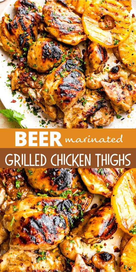 With the subtle taste of your favorite beer, these Beer Marinated Grilled Chicken Thighs are juicy, tender, and SO delicious!. Serve with your favorite salad or grilled veggies for an easy, healthy dinner any night of the week. Chicken Marinade With Beer, Marinated Grilled Chicken Thigh Recipes, Chicken Thigh Recipes Grilling, Chicken Beer Marinade, Grilled Chicken Thigh Sandwich, Grilled Chicken Thigh Recipes Bone In, Chicken Thigh Marinades, Summer Chicken Thigh Recipes, Glamping Meals