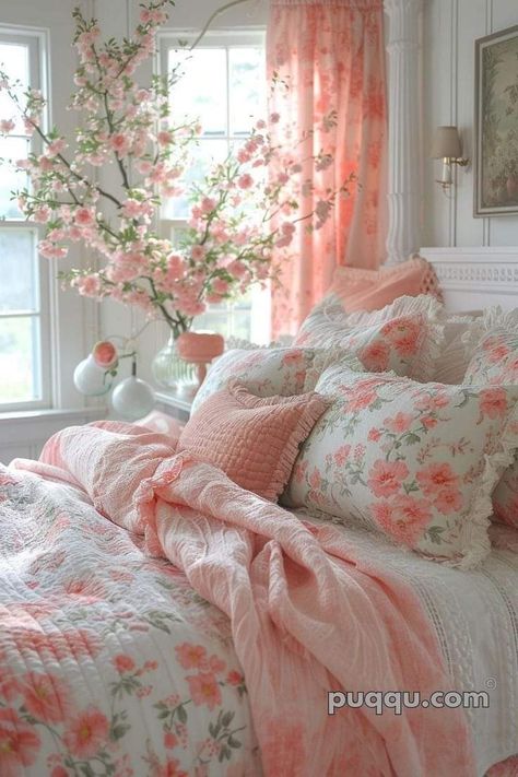 Peach And Pink Bedroom, Coquette Aesthetic Room, Cottage Chic Bedroom, Colourful Living Room Decor, Casa Country, Colourful Living Room, Bedroom Decor Design, Shabby Chic Bedrooms, Room Design Bedroom