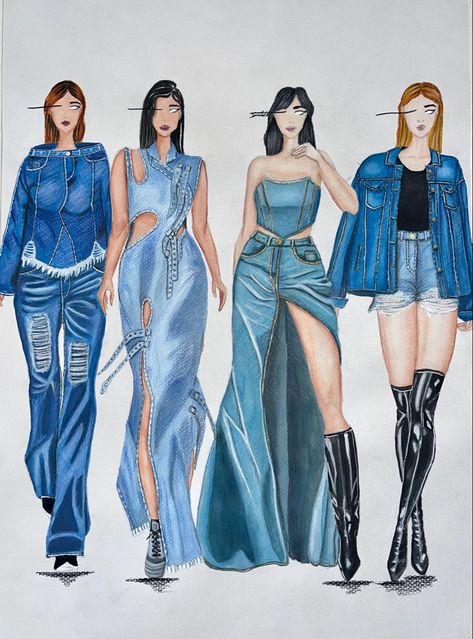 Denim fashion drawing Denim Collection Inspiration, Denim Rendering Illustration, Denim Fashion Illustration Sketches, Denim Dress Illustration, How To Draw Denim, Denim Drawing Fashion Illustrations, Denim Runway Fashion, Fabric Rendering Fashion Illustrations, Denim Illustration Sketch