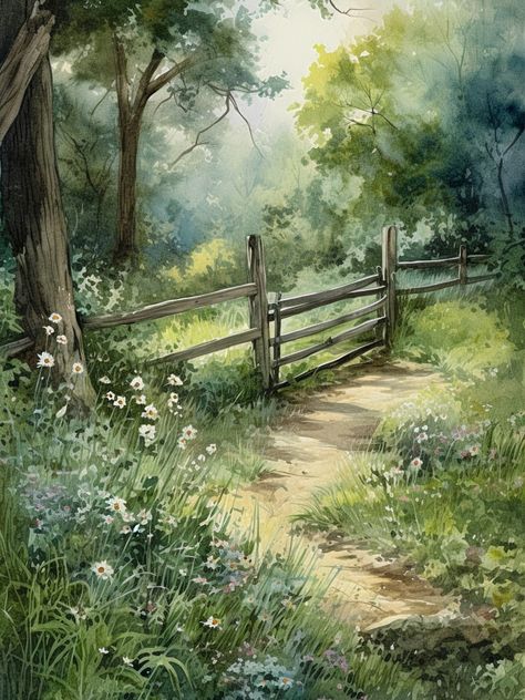 Watercolor Art Landscape, Soyut Sanat Tabloları, Pola Sulam, Landscape Art Painting, 수채화 그림, Watercolor Landscape Paintings, Watercolor Art Lessons, Wooden Fence, Jolie Photo