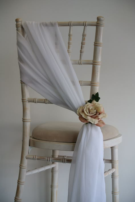 Wedding Chair Decorations Diy Reception, Chair Decoration For Wedding, Wedding Chair Draping, Chiffon Chair Sash, Wedding Chairs Decor, Quince Chair Decorations, Chair Drapes Wedding, Wedding Chair Decorations Ceremony, Chair Wedding Decorations