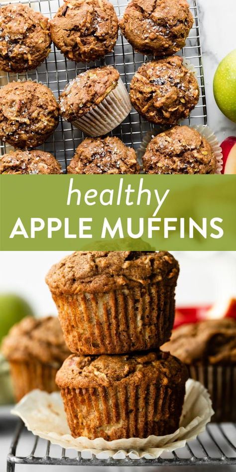 These are whole wheat healthy apple muffins made without any refined sugar. They're moist, soft, and packed with plenty of delicious cinnamon apple flavor! #healthy #apples #muffins #breakfast Healthy Apple Breakfast Muffins, Apple And Oats Muffins, Apple Oat Protein Muffins, Apple Crumble Muffins Healthy, Healthy Apple Pie Muffins, Healthy Vegan Apple Muffins, Healthy Apple Oatmeal Muffins, Apple Oat Muffins Healthy, Apple Flax Muffins