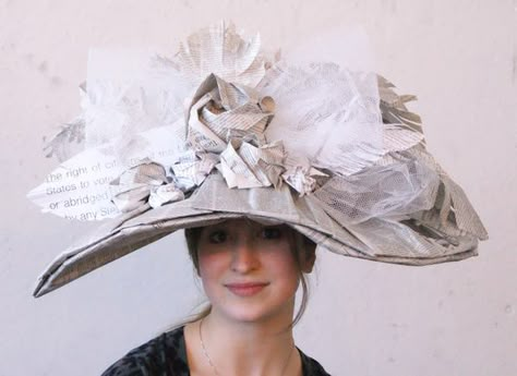 Paper Wearable Art, Wearable Paper Art, Recycled Hat, Newspaper Hat, Paper Costume, Newspaper Fashion, Wearable Sculpture, Suffrage Movement, Paper Hats