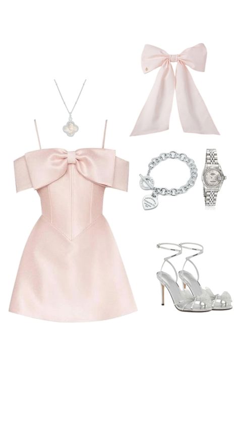 #cute #classy #pink #dinnerfit #outfit #fit #bow #silverandpink #silverjewellery #silver Pink Luxury Aesthetic Outfit, Fancy Outfits Ideas, Birthday Outfit Coquette, Silver And Pink Aesthetic, Glinda Outfit Aesthetic, Pink Girly Outfits Classy, Bow Party Ideas, Audrey Hepburn Aesthetic Outfits, Pink Classy Aesthetic