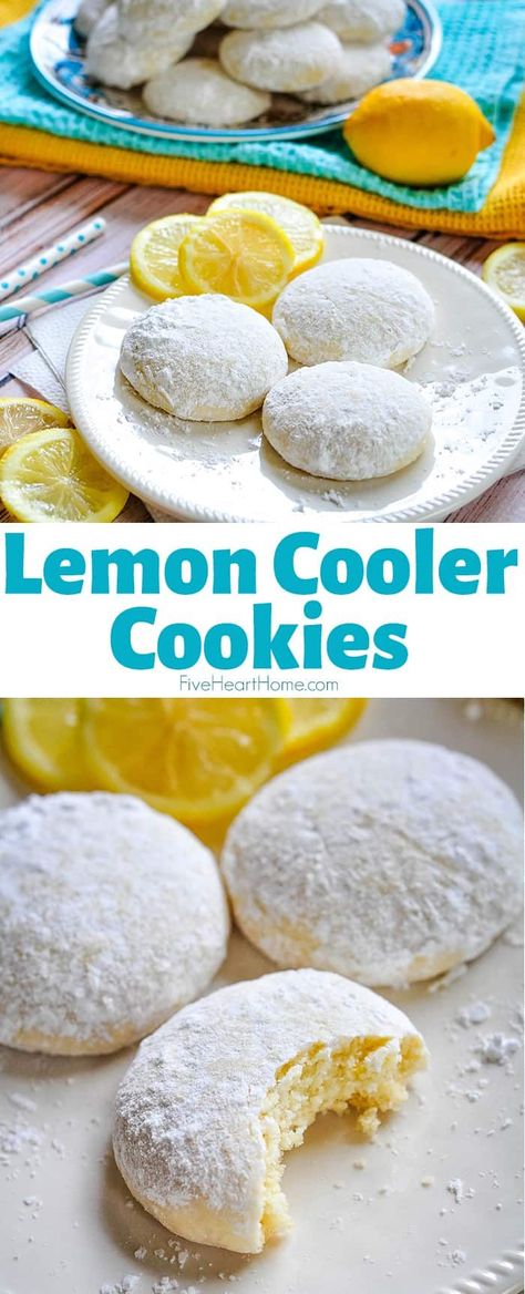 Lemon Cooler Cookies ~ soft, tender cookies bursting with fresh lemon and real butter, then coated in lemony powdered sugar! | FiveHeartHome.com Lemon Desserts Cookies, Real Lemon Desserts, Lemon No Bake Cookies, Lemon Powdered Sugar Cookies, Lemon Wedding Cookies, Soft Lemon Cookies Recipes, Fresh Lemon Desserts, Recipes With Powdered Sugar, Powdered Cookies