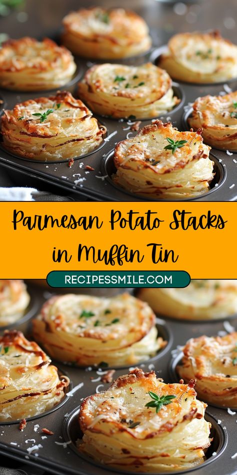 These Parmesan Potato Stacks are a crispy, cheesy delight that make the perfect side dish or appetizer. Made with thinly sliced russet potatoes, melted butter, fresh garlic, and Parmesan cheese, they are baked to perfection in a muffin tin. The result is a golden, crispy exterior with a soft and flavorful interior, making them a guaranteed crowd-pleaser. Whether you're hosting a dinner party or enjoying a weeknight meal, these Parmesan Potato Stacks will impress every time. Gruyere And Ham Potato Stacks, Potato’s In Muffin Pan, Stacked Roasted Potatoes, Parmesan Stacked Potatoes, Cheesy Potatoes In Muffin Tin, Baked Potato Bites Appetizers, Stack Potato Recipes, Garlic Stacked Potatoes, Muffin Tin Potatoes Gratin