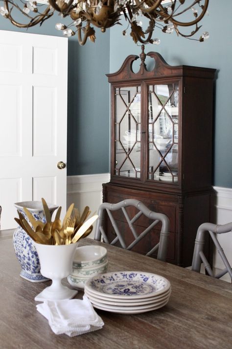 White Slipcovered Chair, Blue And White Dining Room, Dining Room Blue, Dining Room Spaces, Thanksgiving Table Settings, Neutral Walls, Rooms Reveal, Ballard Designs, Slipcovers For Chairs