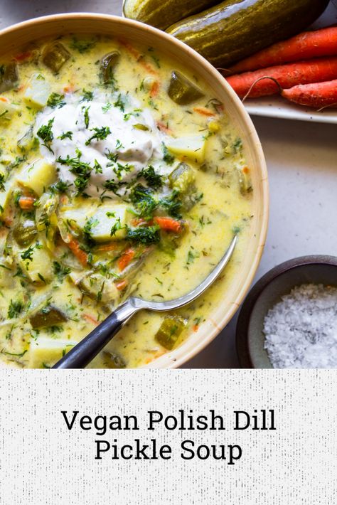 Vegan Polish Dill Pickle Soup – Big Box Vegan Dairy Free Dill Pickle Soup, Vegan Dill Pickle Soup, Vegan Pickle Soup, Dill Pickle Soup, Pickle Soup, Soup With Ground Beef, Vegan Sour Cream, Vegan Soups, Crock Pot Soup