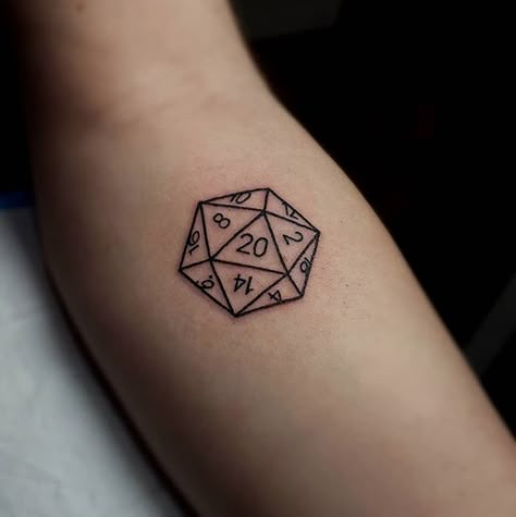 Simple Nerd Tattoos, Small Nerdy Tattoos For Guys, Small D20 Tattoo, 20 Sided Dice Tattoo, Small Nerd Tattoos, Dnd Tattoo Ideas D20, Small Nerdy Tattoos Simple, Tape Recorder Tattoo, Simple Dnd Tattoo