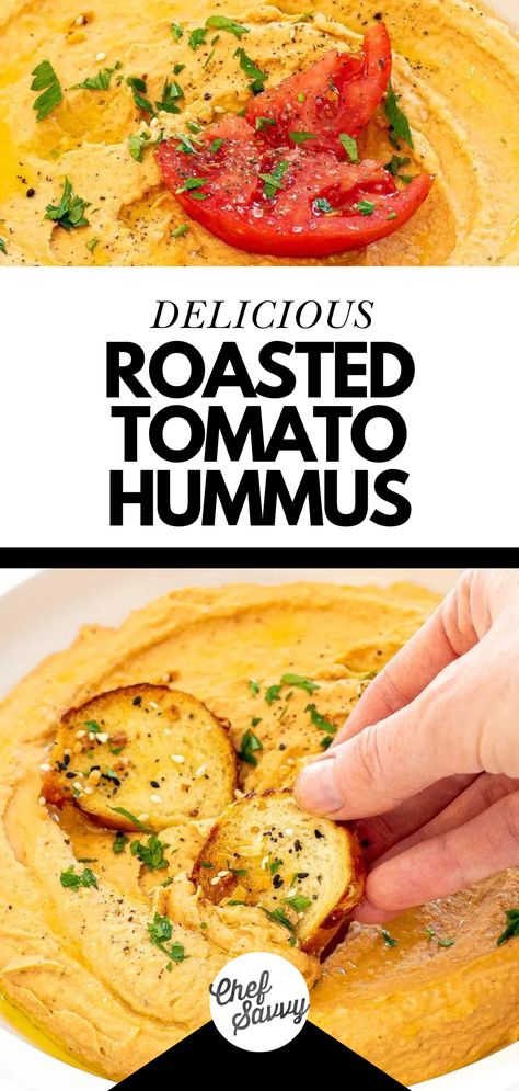 Try this Easy Healthy Roasted Tomato Hummus Recipe! This Roasted Tomato Hummus is the perfect appetizer or snack to make during the summer! It’s a great way to use up all of those juicy fresh garden tomatoes! Tomatoes and garlic are roasted until golden brown and soft then blended with a smooth creamy hummus. You will never want traditional hummus after making this roasted tomato hummus recipe! Follow Chef Savvy for more Healthy Snacks! Roasted Tomato Hummus, Tomato Hummus Recipe, Hummus Easy, Traditional Hummus, Hummus Healthy, Hummus Appetizers, Healthy Hummus Recipe, Garlic Hummus Recipe, Tomato Hummus