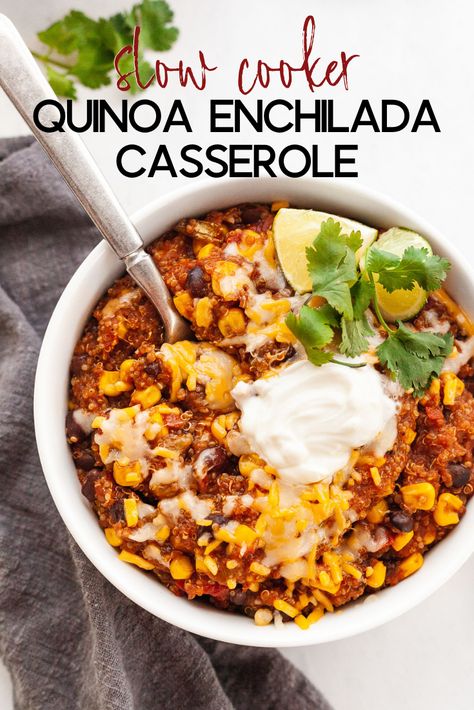 Easy Vegetarian Crockpot, Easy Vegetarian Crockpot Recipes, Quinoa Enchilada Casserole, Quinoa Enchilada, Slow Cooker Quinoa, Vegan Crockpot Recipes, Vegetarian Slow Cooker Recipes, Slow Cooker Enchiladas, Vegan Crockpot