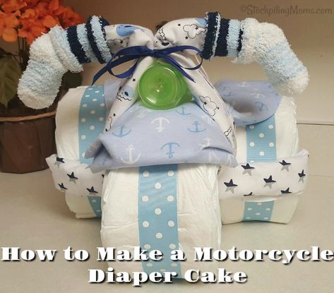 Baby Shower Motorcycle, Cake Motorcycle, Motorcycle Diaper Cake, Diaper Motorcycle Cake, Diaper Cake Instructions, Diy Diaper Cake, Diaper Wreath, Diaper Cake Boy