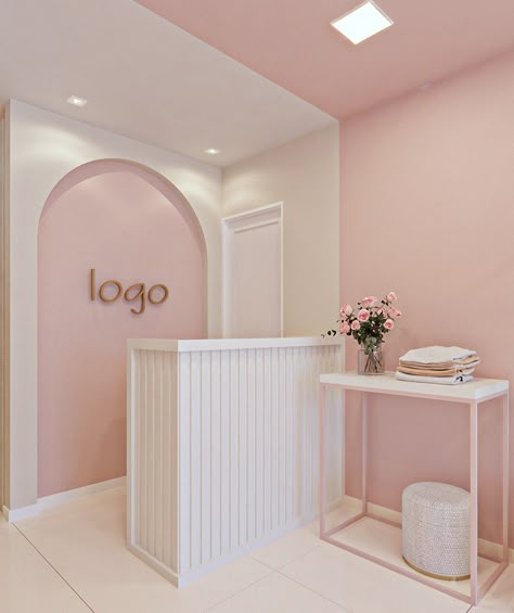 Pink And White Salon Decor, Brow Studio Decor Small Spaces, Pink Retail Store, Salon Decorating Ideas Business, Salon Interior Design Pink, Salon Boutique Ideas, Pink And Gold Salon, Small Business Interior, Business Decor Ideas