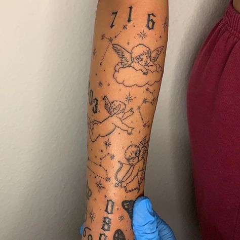 𝖍𝖆𝖑 on Instagram: “cherubs, constellations and angel numbers for lorena ⭐️” Cupid Tattoo Sleeve, Tattoos For Women Sleeve, Cupid Tattoo, Cherub Tattoo, Stylist Tattoos, Constellation Tattoos, Cute Tattoos For Women, Best Friend Tattoos, Dainty Tattoos