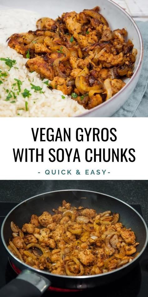 You can make really easy and delicious vegan gyros using soya chunks. It's perfect for a gyros platter with rice and yogurt sauce or in wraps! | ElephantasticVegan.com #vegan #gyros #soyachunks Soy Curl Gyro, Vegan Gyro Meat, Vegan Gyros Recipe, Rice And Yogurt, Sliced Bell Pepper, Vegan Gyros, Soya Chunks Recipe, Tvp Recipes, Soy Curls Recipes