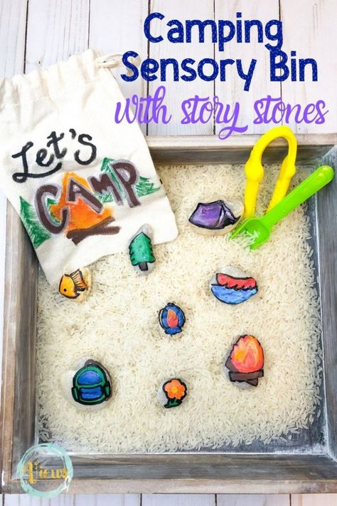 Camping Sensory Bin with DIY Story Stones Camping Provocation, Camp Theme Sensory Bin, Camp Sensory Bin, Camping Montessori Activities, Fine Motor Camping Activities, Camping Sensory Bin Toddlers, Camping Sensory Bin Preschool, Indoor Camping Activities, Camping Sensory Bin