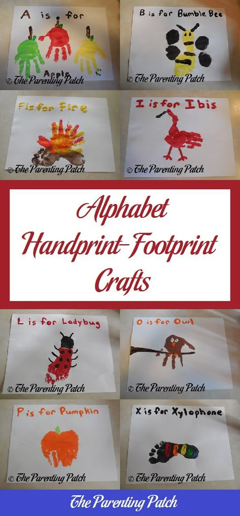 Make handprint and footprint crafts for each letter of the alphabet using nontoxic paint. Letter H Handprint Art, V Is For Handprint Craft, Baby Footprint Art Alphabet, Alphabet Hand Print Art, Abc Footprint Art, Infant Letter Crafts, H Is For Craft Hand Prints, A Arts And Crafts Letter, H Handprint Craft