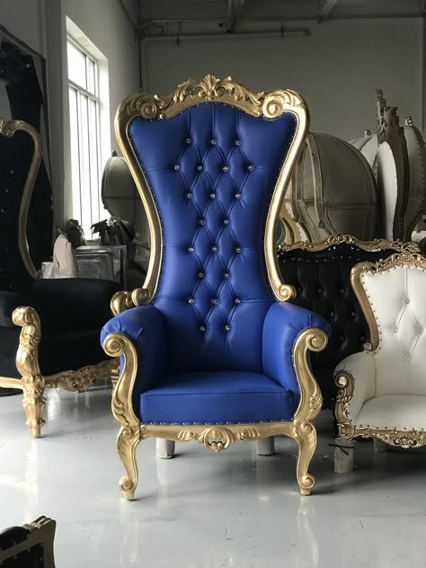 CP Isabella Throne  37”L x 30”D x 70”H  Gold leaf | Royal blue Quince Royal Blue Dresses, Dark Blue And Gold Wedding Dress, Royal Blue And Gold Wedding Dress, Blue Gold Quinceanera Theme, Blue And Gold Quince Decorations, Royal Blue Surprise Dance Outfit, Royal Blue And Gold Decorations, Royal Blue And Gold Quince Theme, Royal Blue And Gold Sweet 16 Dresses