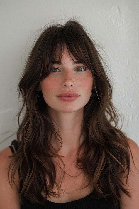 Long Length Haircut For Fine Hair Curtain Bangs, Layer Long Hair With Bangs, Layer With Bangs Haircut, Long Bangs For Wavy Hair, Fringe And Layers Long Hair, Long Haircut With Fringe Bangs, Layers Haircut Bangs, Long Hair Bottleneck Bangs, Bottleneck Bangs Side Part