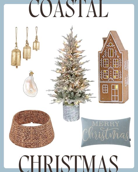 Creating a coastal Christmas look that’s calm and cozy! I’m loving a mix of natural textures with soft coastal accents. The seagrass tree collar keeps things grounded, while a flocked tree adds that wintry touch without overpowering the space. A simple oyster shell ornament, woven bells, and a few gingerbread house decorations bring a bit of charm and warmth. I kept the colors light and breezy with sandy neutrals and soft blues—a refreshing take on holiday decor. Head on over to the blog or ... Coastal Grandmother Christmas, Starfish Tree Topper, White Baubles, Flocked Tree, Driftwood Christmas Tree, Coastal Christmas Tree, Coastal Christmas Decor, Decor Color Palette, Gingerbread House Decorations