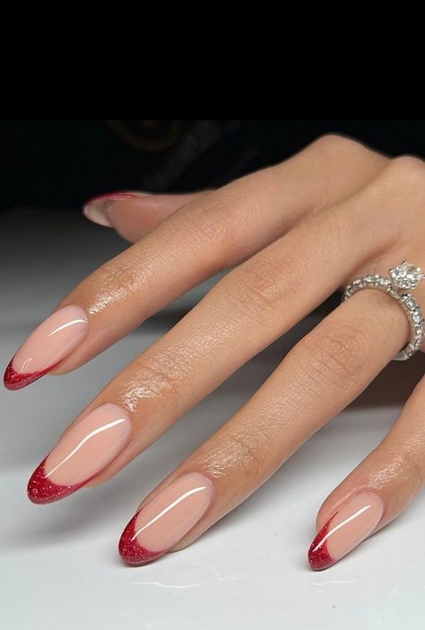 French Red Nails Christmas, Christmas 24 Nails, French Red Christmas Nails, Red Nails With Red French Tip, Red Sparkly Almond Nails, Christmas Red French Nails, Long Almond Nails Christmas, Red Glitter French Tip Nails Almond, Red French Christmas Nails