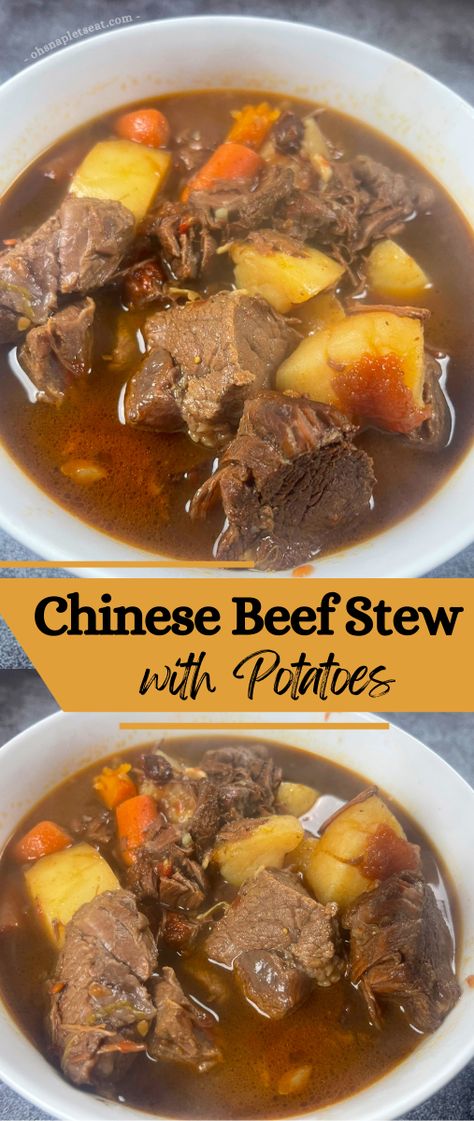 This Chinese Beef Stew with Potatoes is so tasty - marinated tender chunks of beef browned and then simmered with potatoes, carrots, and tomatoes in a delicious broth!  You can also make beef noodle soup with this beef stew. Asian Beef Soup, Chinese Beef Stew, Beef Stew With Potatoes, Stew With Potatoes, Tasty Beef Stew, Twice Cooked Pork, Chinese Beef, Dinner Board, Beef And Potato Stew