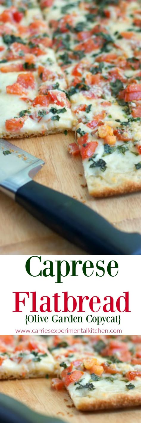 Make this Olive Garden favorite appetizer, Caprese Flatbread made with fresh tomatoes, basil and mozzarella cheese at home. Perfect for pizza night too. Caprese Flatbread Pizza, Tomato Basil Flatbread, Balsamic Flatbread Pizza, Naan Caprese Pizza, Caprese Flatbread, Appetizer Vegetarian, Tomatoe Mozarella Basil Flatbread, Salad Pizza, Cheese At Home