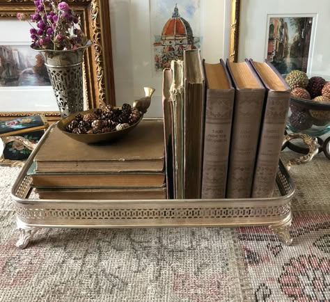 Vintage Home Designs, Decorating With Dishes, Silver Tray Makeover, Silver Tray Repurpose, Vignettes Styling Display Ideas, Modern Pastoral, Silver Tray Decor, Silverware Repurposed, Silver Plate Decor