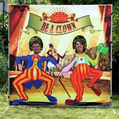 Double the Fun with our Funny Photo Stand Ins or Photo Booth Backdrops for Rent! Pose Behind a Funny Photo Backdrop. Canvas stand-ins are a great way to capture fun memories with friends and family at your special event. Choose between Circus Themed or Farm Themed backdrop and Put Your Face into a Hilarious Photo Op or Selfie! Clown Photo, Clown Photos, Face Cut Out, Fair Rides, Company Christmas Party, Booth Backdrops, Photo Stand, Memories With Friends, Carnival Theme