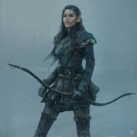 Elven Warrior Female, Eve Ventrue, Santa Joana D'arc, Snow Elf, Elf Ranger, Bow And Arrow, Dungeons And Dragons Characters, Fantasy Warrior, Fantasy Rpg