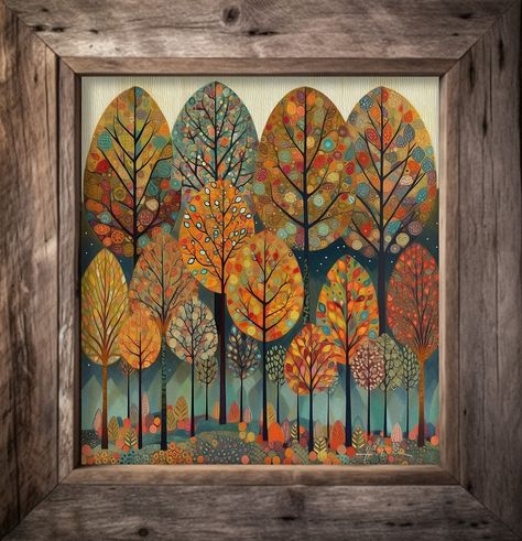 Autumn Folk Art, Folk Art Painting Country, Folk Art Trees, Modern Folk Art Painting, Fall Folk Art, Dremel Ideas, Folk Art Prints, Modern Folk Art, Arte Folk