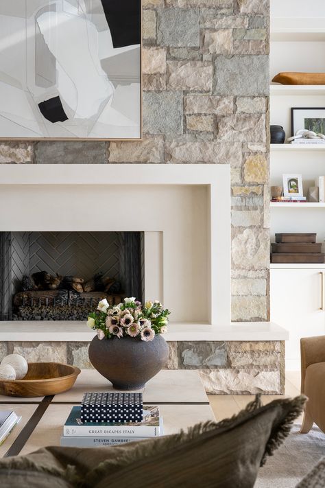 PC Contemporary Project: The Great Room - Studio McGee Grey Stone Fireplace, Stone Fireplace Designs, Stone Fireplace Wall, White Mantel, Living Tv, Grey Countertops, Cottage Living Rooms, Studio Mcgee, Cottage Living