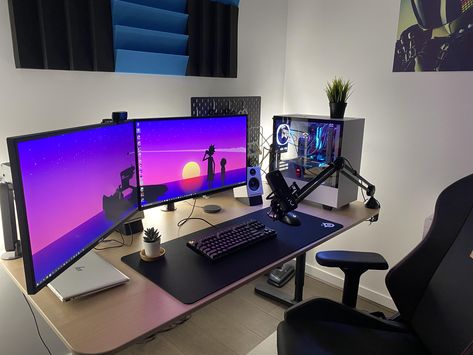 Battlestation Ideas, Double Monitor Setup, Trading Setup, Video Game Room Decor, Simple Computer Desk, Home Studio Ideas, Gaming Rooms, Gaming Desk Setup, Computer Desk Setup