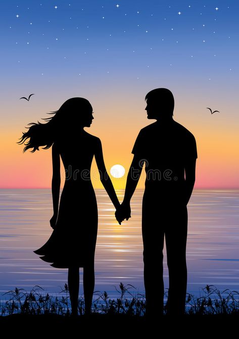 Sunset. Silhouettes of man and woman standing and holding hands at evening time. On the background sunset and stars over the sea stock illustration Sunset Proposal, Holding Hands Drawing, Man And Woman Silhouette, Background Sunset, Hand Silhouette, Hands Drawing, Evening Time, Piano Art, Sky Art Painting