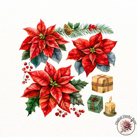 Watercolor Cozy Christmas Poinsettia Plant Clipart: Adorned with Presents and Candles for Festive Crafts https://digitalduskyrose.etsy.com/listing/1795304867 Bring the warmth of the holiday season into your designs with our Watercolor Cozy Christmas Poinsettia Plant Clipart. This beautifully illustrated clipart features a festive poinsettia plant adorned with Christmas presents and glowing candles, perfect for creating holiday cards, scrapbooking layouts, party invitations, and seasonal dec... Plant Clipart, Poinsettia Plant, Festive Crafts, Christmas Poinsettia, Christmas Fabric, Cards Scrapbooking, Cozy Christmas, Scrapbooking Layouts, Poinsettia