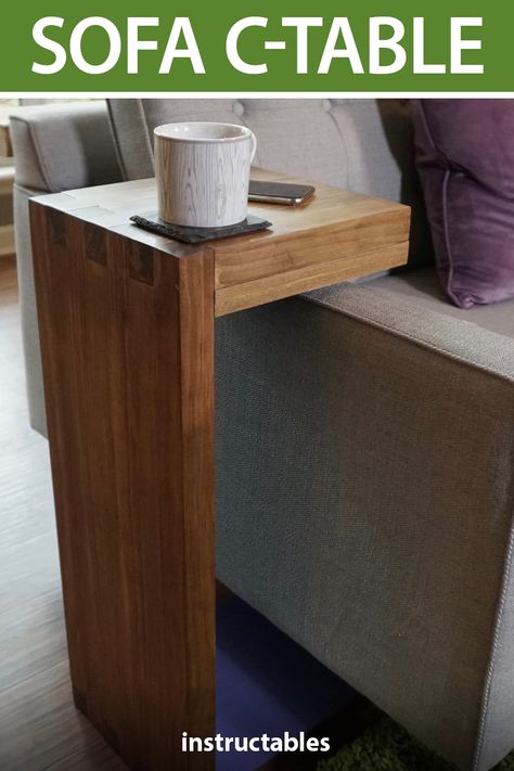 Diy Over Arm Sofa Table, End Tables That Slide Under Couch, C Shaped Table For Sofa, Sofa C Table Diy, Diy Slide Under Sofa Table, Laptop Sofa Table, Arm Rest Table Diy, Slide Under Sofa Table, Couch C Table