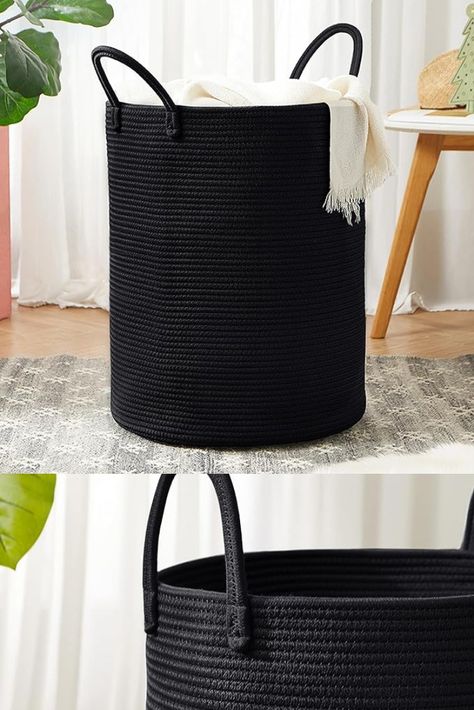 Black Laundry Basket Woven Hamper, 15Dx20H inches Tall Cotton Rope Laundry Basket, Large Clothes Hamper for Bedroom, Baby Nursery Kids Laundry Basket Organizer Black Laundry Basket, Rope Laundry Basket, Laundry Basket Organizer, Kids Laundry Basket, Woven Hamper, Black Laundry, Kid Laundry, Laundry Basket Organization, Laundry Bin