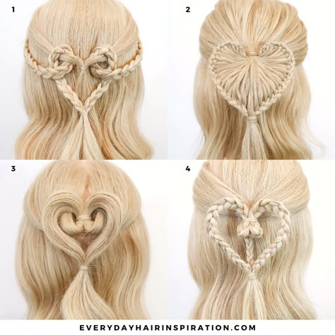 Valentines day Hairstyles Braid Heart Hairstyles, Heart Hairstyle Short Hair, Heart Updo Hairstyles, Valentines Day Hairstyles Braids, Short Hair Long Braids, Braided Heart Hairstyles, Heart Hairstyle Braids, Hearts In Hair, Heart In Hair