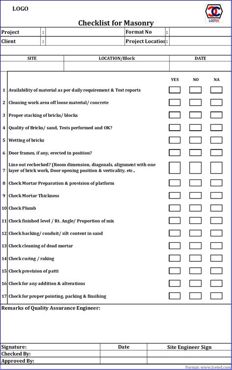 A checklist in masonry wall construction has been prepared to ensure that masonry projects are built to a high standard. This is done by providing proper assistance to carry out the on-site review process. “The person in charge of site inspection of masonry should prepare a wall construction checklist.”  (adsbygoogle = window.adsbygoogle || []).push({});   A checklist of materials is also provided to the mason to review his work frequently so that the quality of work is ensured from hi Construction Checklist, Renovation Checklist, General Contractor Checklist, Owner Builder Checklist, Construction Material List Template, New Construction Checklist, Construction Terminology, Preventive Maintenance Checklist, Building Inspection Checklist