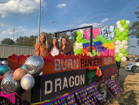 Such a Cute Float for Homecoming parade Disco themed. Disco Parade Float Ideas, Disco Parade Float, Disco Homecoming Theme, Parade Float Theme, Homecoming 2023, Hoco Court, Homecoming Floats, Senior Things, Homecoming Posters