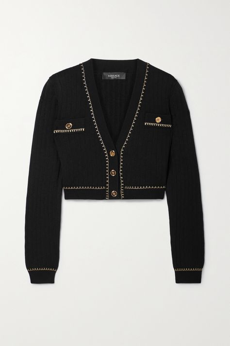 Versace Casual Outfits, Versace Cardigan, Luxury Cardigan, Black And Gold Fashion, Versace Clothes, Versace Clothing, Versace Tops, Chanel Jeans, Versace Sweater