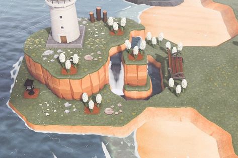 Pier Ideas Animal Crossing, Animal Crossing Kapp'n Pier Ideas, Board Walk Animal Crossing, Peninsula Ideas Animal Crossing, Acnh Beach Entrance, Acnh Peninsula Ideas Lighthouse, Acnh Lighthouse Area, Acnh Harbor Ideas, Acnh Kappen Dock Ideas