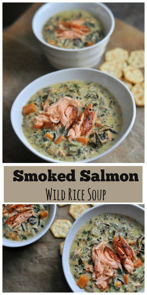 Salmon Wild Rice Soup is a creamy soup recipe filled with flavors of coriander, smoked salmon, Minnesota wild rice and sweet potatoes.The comfort food classic, creamy wild rice soup, gets a new spin with the addition of smoked salmon. Perfect for a cozy winter night or a meal you can share with friends, this soup is a unique way to incorporate salmon into dinner. http://diningwithalice.com/soup/salmon-wild-rice-soup/ Salmon Wild Rice, Seafood Rice Recipe, Creamy Wild Rice Soup, Salmon Soup, Seafood Soup Recipes, Wild Rice Recipes, Creamy Soup Recipes, Chicken Wild Rice Soup, Salmon Spinach