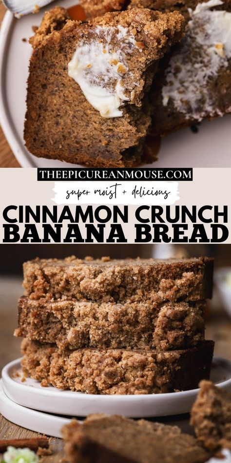 Cinnamon crunch banana bread is loaded with overripe, mashed bananas which makes it incredibly moist and full of delicious banana flavor. I generously top this banana bread with a rich, buttery and sweet cinnamon crumble. Perfect for breakfast, afternoon tea or dessert. Cinnamon Crumble Banana Bread, Overripe Banana Recipes, Cinnamon Crunch Banana Bread, Cinnamon Banana Bread, Cinnamon Crumble, Cinnamon Crunch, Banana Nut Bread, Nut Bread, Fast Easy Meals