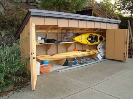 Kayak Storage Garage, Cottage Storage, Canoe Storage, Backyard Lights, Surfboard Storage, Kayak Storage Rack, Boat Shed, Lean To Shed, Kayak Storage