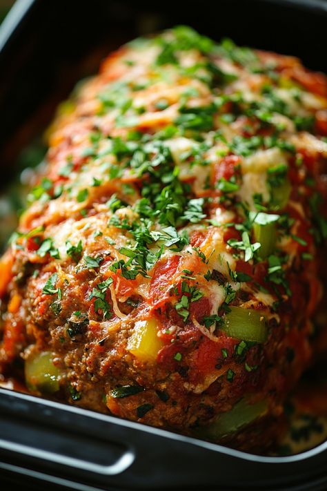 Baked meatloaf topped with melted cheese, tomato sauce, and fresh parsley. Meatloaf Dinner Ideas, Unique Meatloaf, Unique Meatloaf Recipes, Fancy Meatloaf, Gourmet Meatloaf, Onion Soup Meatloaf Recipe, Meals Everyone Will Love, Meatloaf With Oatmeal, Savory Meatloaf