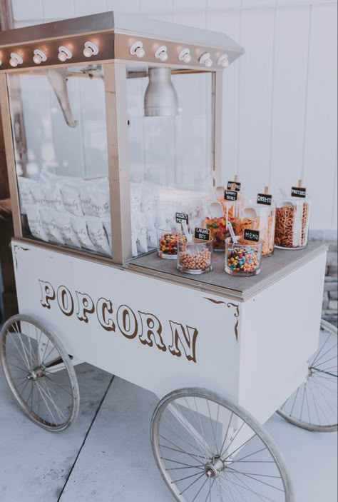 Popcorn Cart For Wedding, Treat Cart For Party, Food Carts Wedding, Donut Cart, Popcorn Machine Party, Candy Bar Cart, Diy Popcorn Cart, Popcorn Cart Wedding, Popcorn Cart Ideas