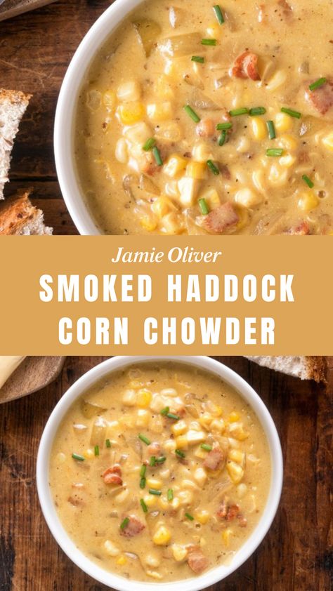 Jamie Oliver Smoked Haddock Corn Chowder Smoked Haddock Recipes Healthy, Smoked Haddock Chowder, Jamie Oliver Soup, Smoked Haddock Recipes, Bacon Corn Chowder, Haddock Recipes, Smoked Haddock, Creamy Mustard Sauce, Carrots Potatoes