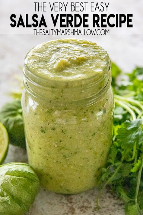 Salsa Verde Recipe is so fast and easy to make with simple ingredients!  This authentic, flavor packed, tomatillo salsa is the best you will ever taste! Machaca Recipe, Easy Salsa Verde Recipe, Veggie Dips, Verde Salsa, The Salty Marshmallow, Blender Salsa, Roasted Tomatillo Salsa, Salty Marshmallow, Serrano Peppers